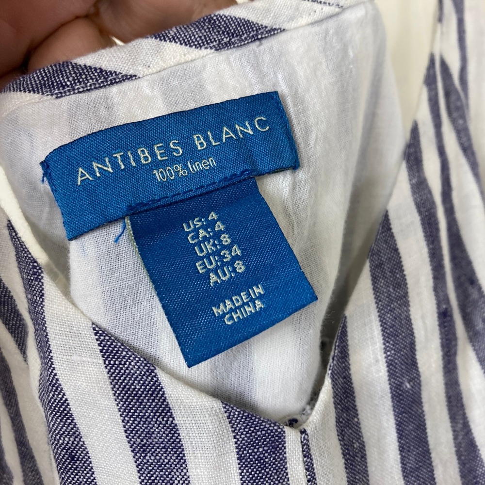 Antibes Blanc Linen Maxi Dress Sz 4 Blue White Striped Boho Coastal Nautical - Picture 5 of 7